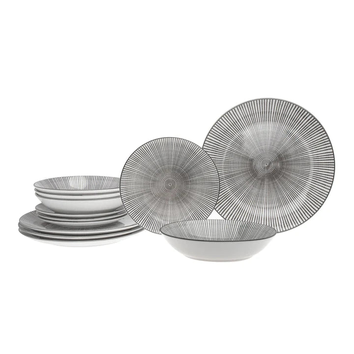 Laura Grey Porcelain 12 Piece Dinnerware Set, Service For 4 - Top view of everyday poreclain modern dinner plate