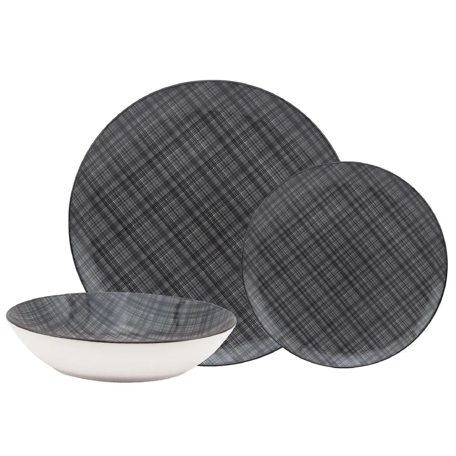 Stylish and modern black/gray plaid patterned Dinnerware Set for 4, with white bottom