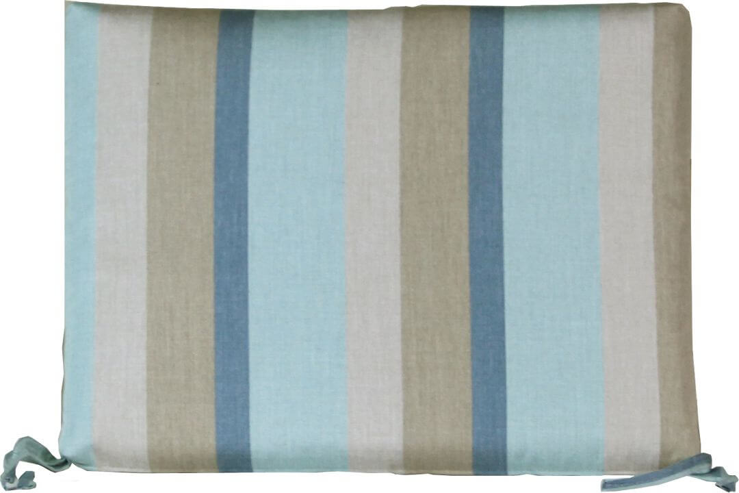 Soft Gateway Mist pattern on outdoor seat cushion with serene blue and gray hues and tie-backs