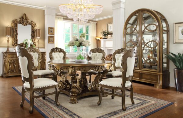 Complete view of the HOMEY DESIGN HD-8008 5-piece dining set, featuring a round table and four side chairs in a beautifully decorated dining room.