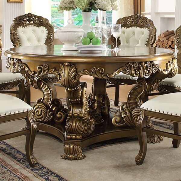 HOMEY DESIGN HD-8008 Round Vintage Dining Set with intricately carved pedestal base and luxurious beige-hued bonded leather chairs.