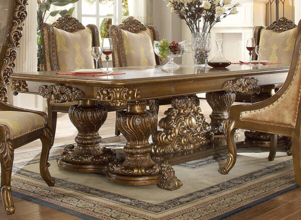 Luxurious HOMEY DESIGN HD-8011 dining table showcasing detailed hand-carved base in a beautifully decorated dining room.