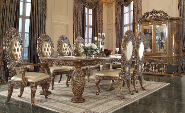 Side view showing hand-carved patterns and scrolled accents on a luxury dining table