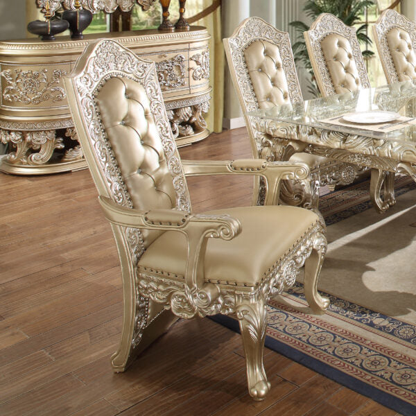 Elegant HOMEY DESIGN HD-8022 dining arm chair with luxurious faux leather and intricate carvings.