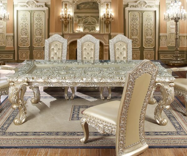 Complete view of the HOMEY DESIGN HD-8022 7-piece dining set featuring a carved dining table and chairs in a grand dining room setting.