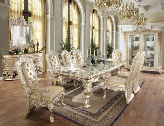 HOMEY DESIGN HD-8022 Traditional Luxury Dining Set with intricately carved dining table and chairs in Belle Silver finish