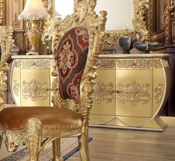 HOMEY DESIGN HD-8086 Opulent Gold Dining Buffet with intricate carvings and metallic gold finish.