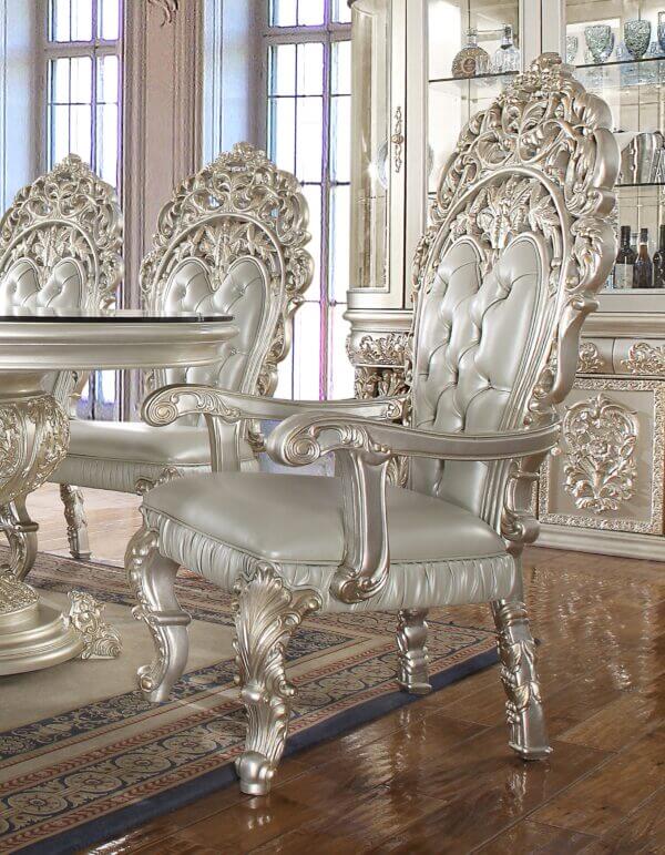 Ornately designed dining arm chair with silver leather upholstery, part of the Homey Design HD-8088 set