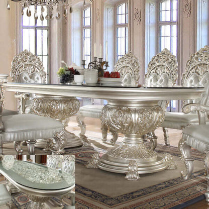 Homey Design HD-8088 double pedestal dining table with intricate carvings and glass top