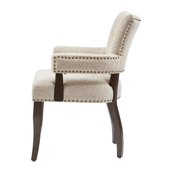 Brooklyn Dining Arm Chair 2pc - Left side view of traditional, wooden dining chair, with cream tufted fabric upholstery in dining room