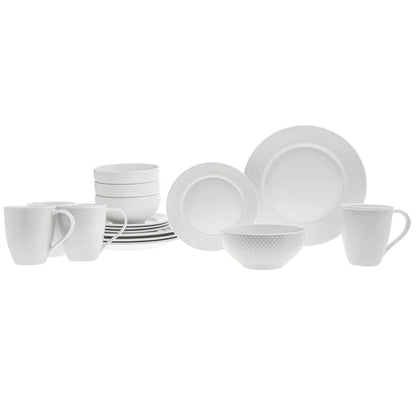 Pique Plain Porcelain 16 Piece Dinnerware Set, Service for 4