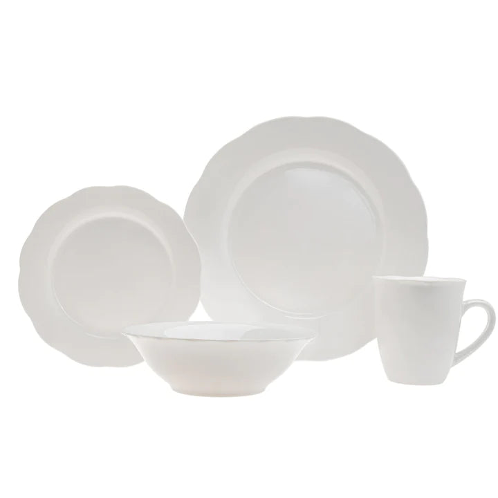 Foward front view of white porcelain dinnerware set with white backdrop