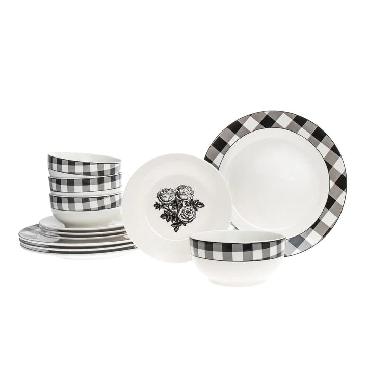 Damier Porcelain 12 Piece Dinnerware Set, Service For 4