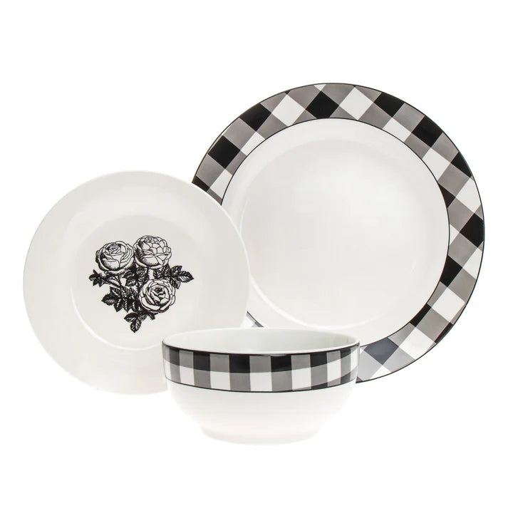 Damier Porcelain 12 Piece Dinnerware Set, Service For 4