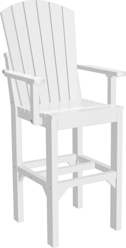 White bar height Adirondack arm chair, included in a 7-piece poly Adirondack bar set crafted for durability and weather resistance, offers comfortable seating with armrests and is easy to maintain.