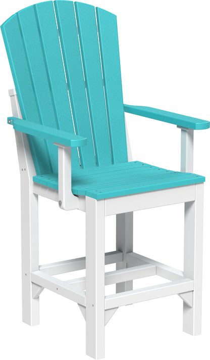 A vibrant counter-height Adirondack armchair featuring a bright Aruba blue seat and back with a contrasting white frame, ideal for adding a pop of color to outdoor spaces.