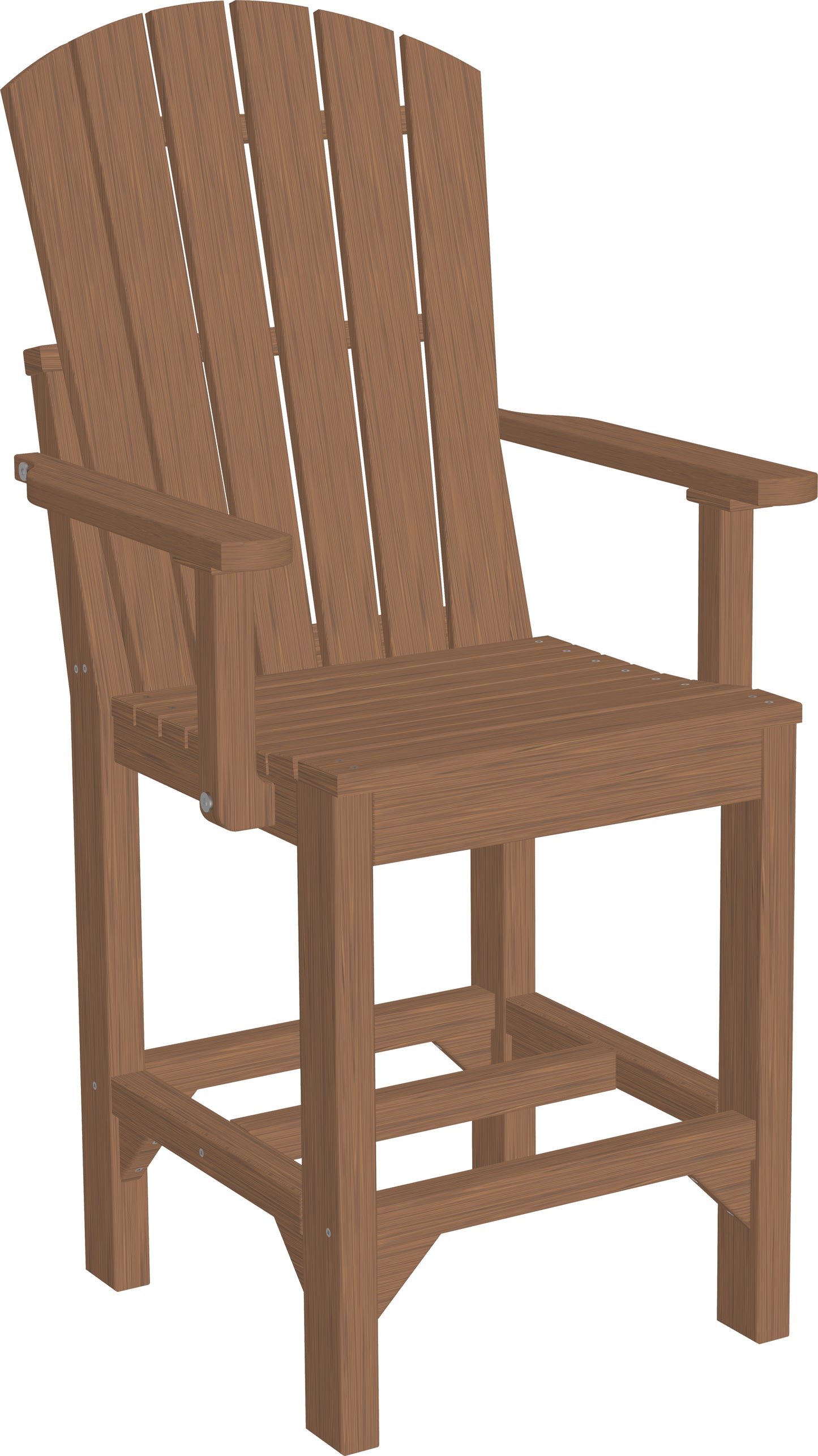 A sturdy counter-height Adirondack armchair in a rich antique mahogany color, showcasing wide, comfortable slats and robust armrests, perfect for outdoor settings.