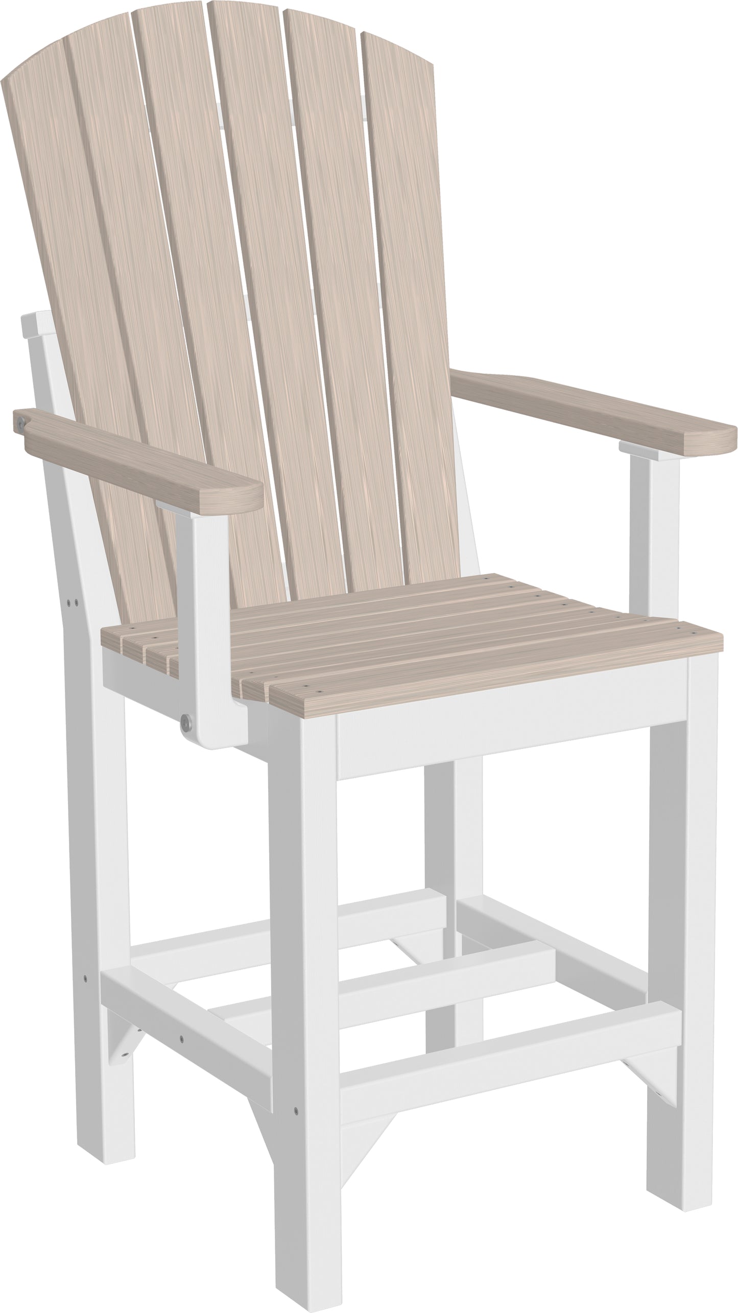 A chic counter-height Adirondack armchair with a birchwood-colored seat and back, paired with a clean white frame, adding a touch of modern sophistication to any patio.