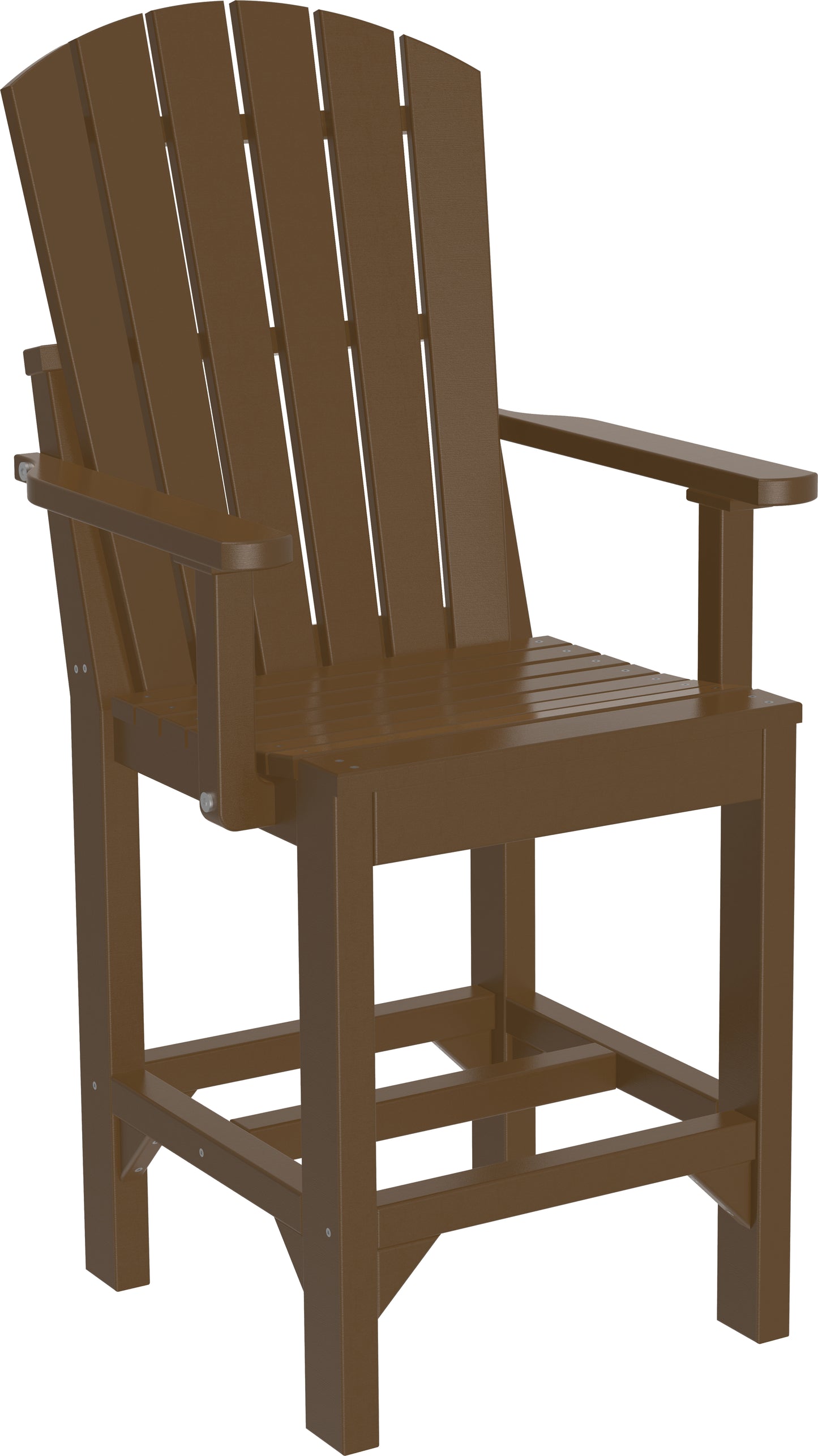 A warm counter-height Adirondack armchair in a rich chestnut brown finish, featuring a traditional slat design and sturdy construction for comfortable outdoor seating.