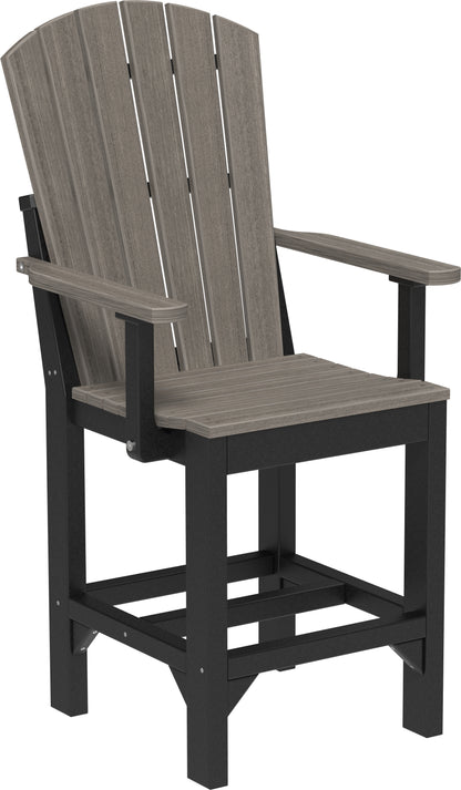 A stylish counter-height Adirondack armchair combining a coastal gray seat and back with a strong black frame, perfect for both modern and traditional outdoor decor.