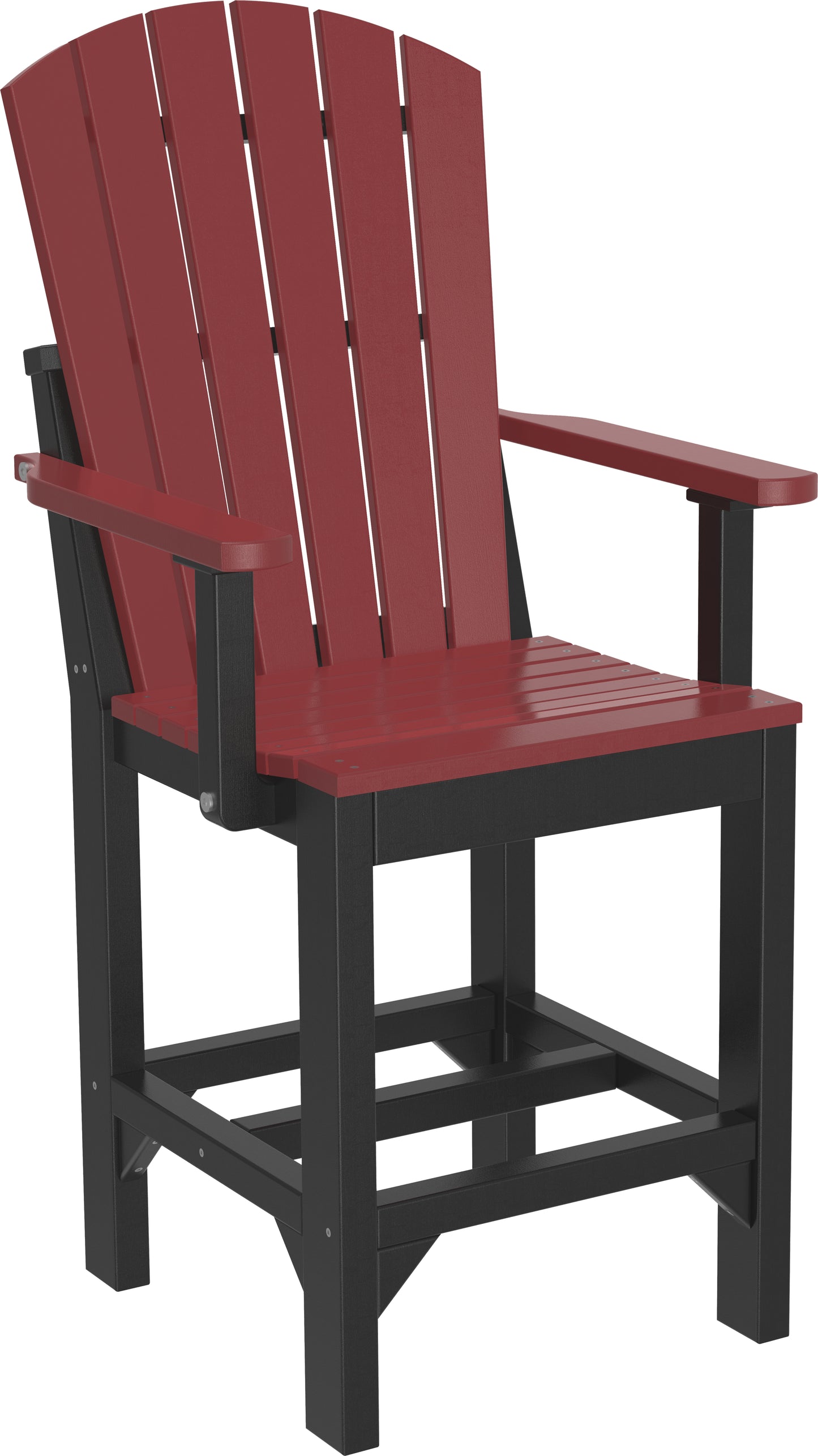 Counter-height Adirondack armchair with a rich cherrywood seat and back, highlighted by a black frame.