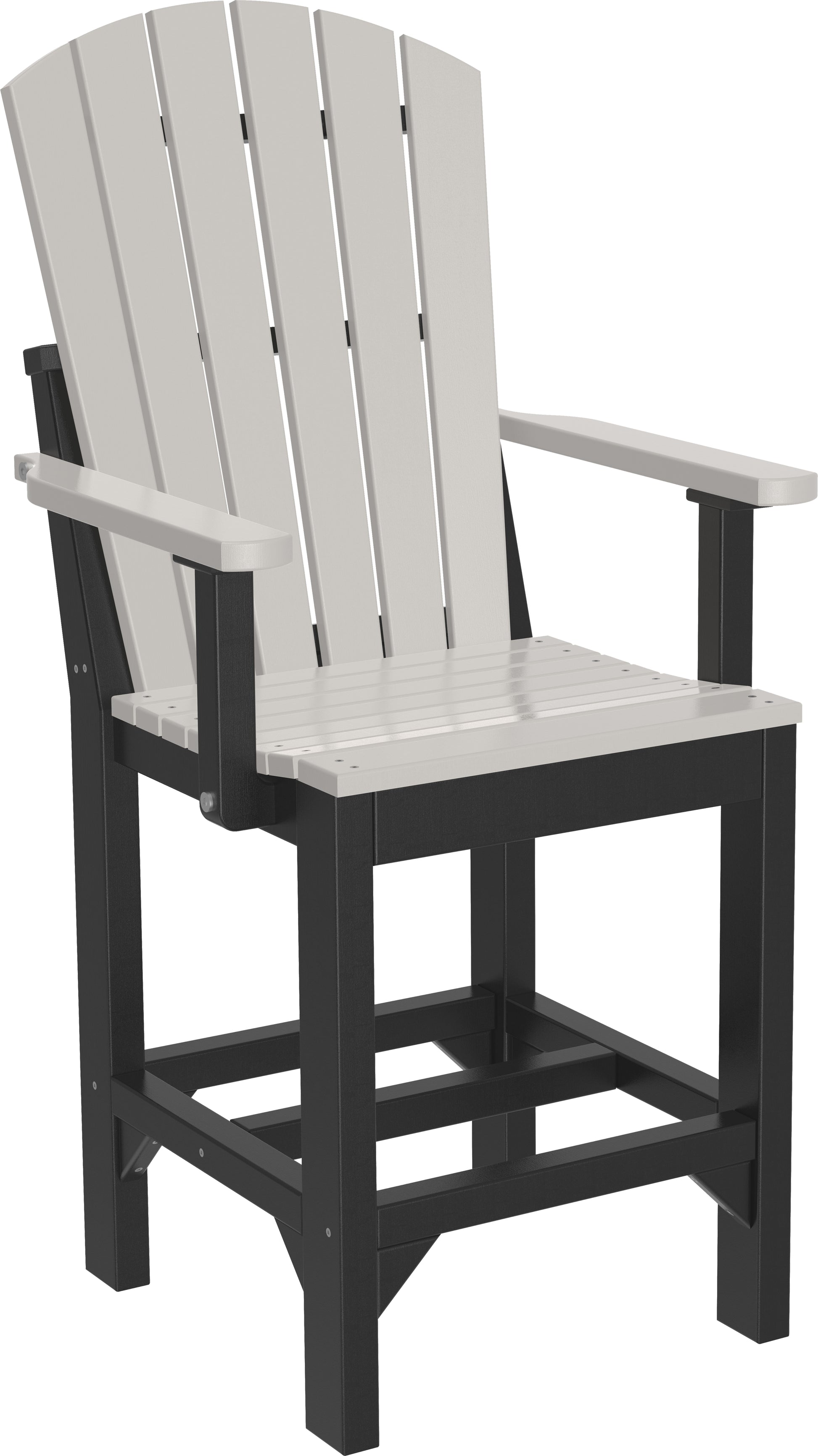 Counter-height Adirondack armchair showcasing a dove gray seat and backrest, accented with a sleek black frame.