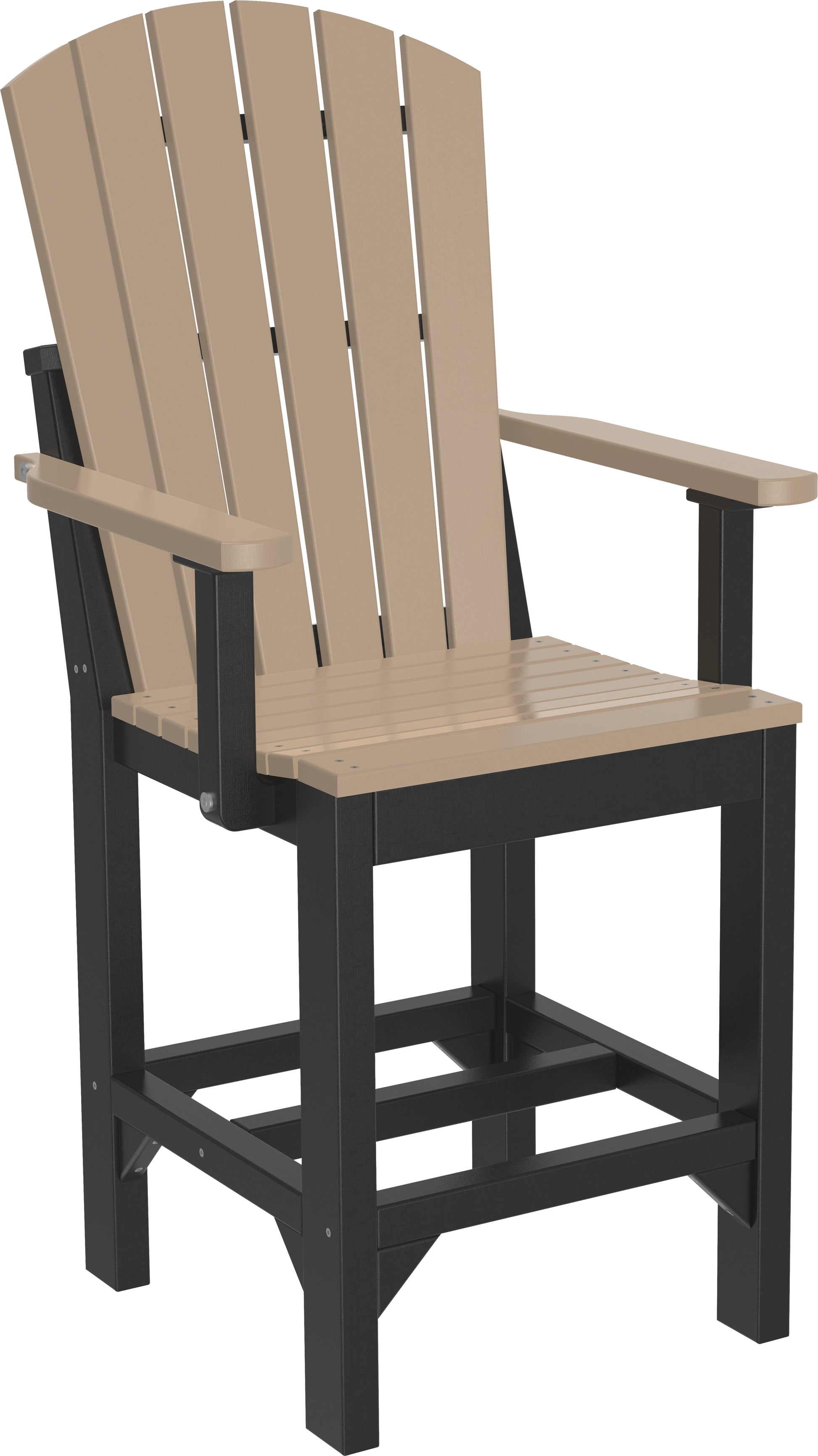 Counter-height Adirondack armchair with weatherwood slats, framed in bold black.