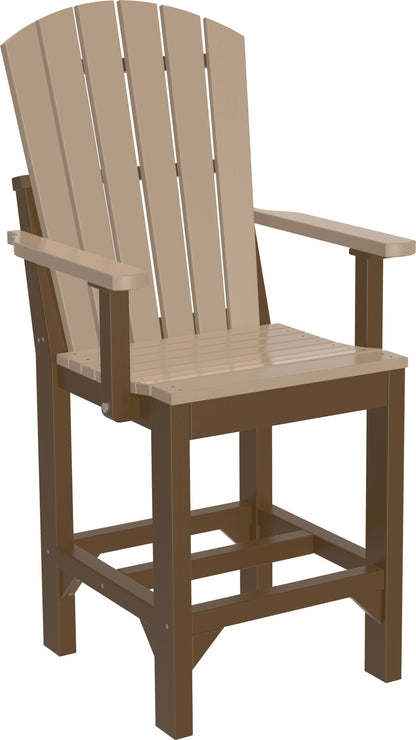 Counter-height Adirondack armchair combining weatherwood seating with a chestnut brown frame.