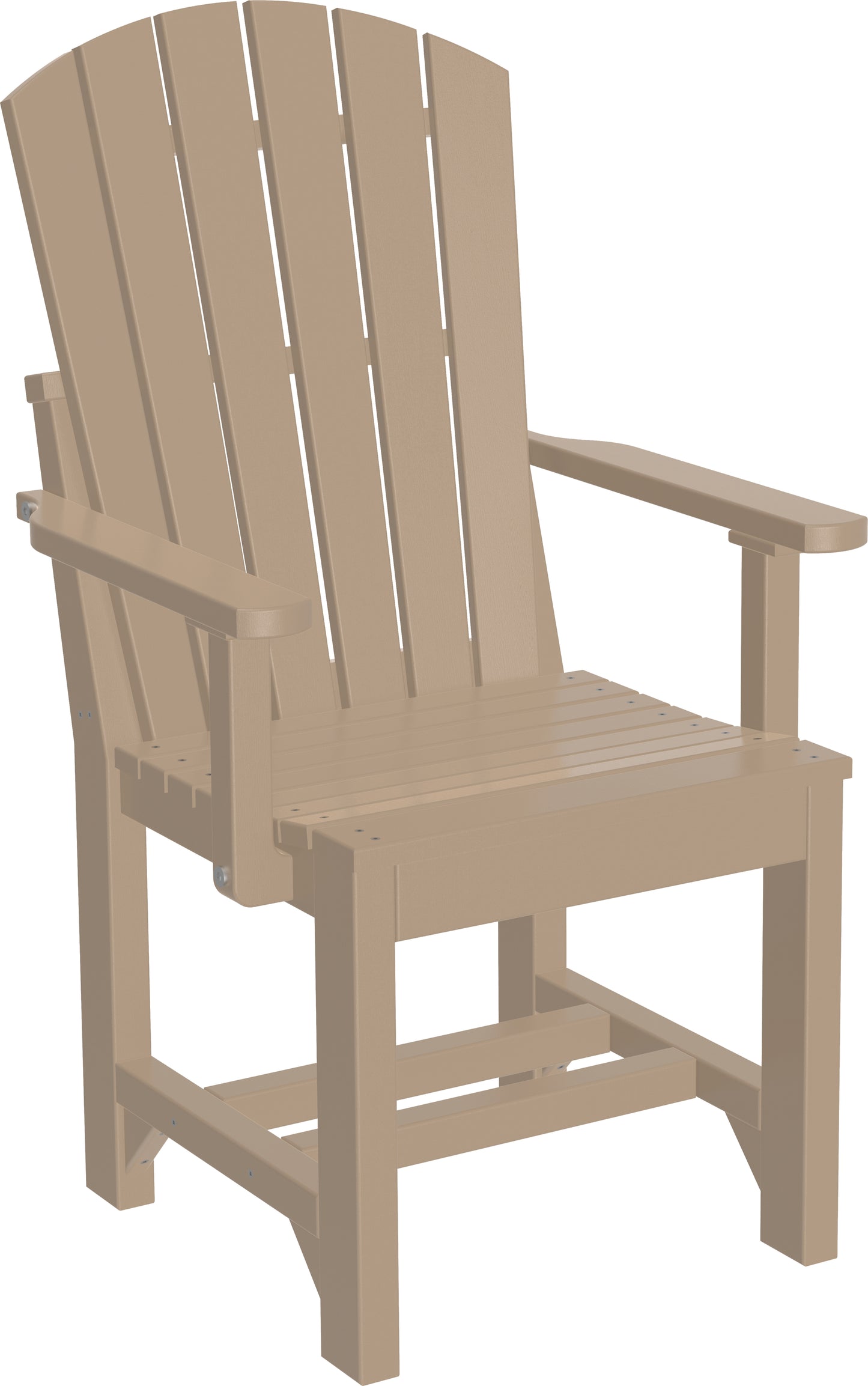 Weathered-look Weatherwood Adirondack Dining Arm Chair, adding rustic charm to outdoor dining.