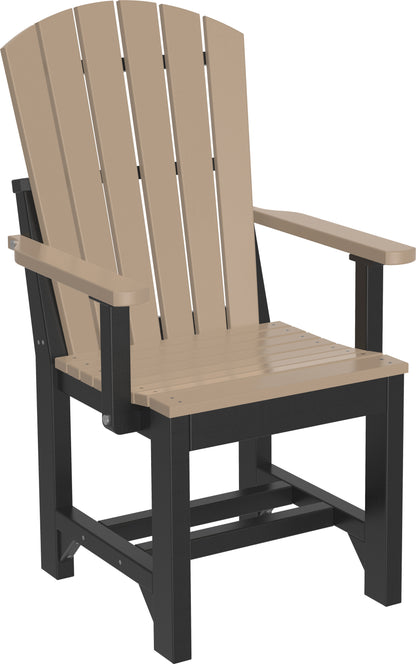 Contrasting Weatherwood & Black Adirondack Dining Arm Chair, for a striking outdoor dining space.