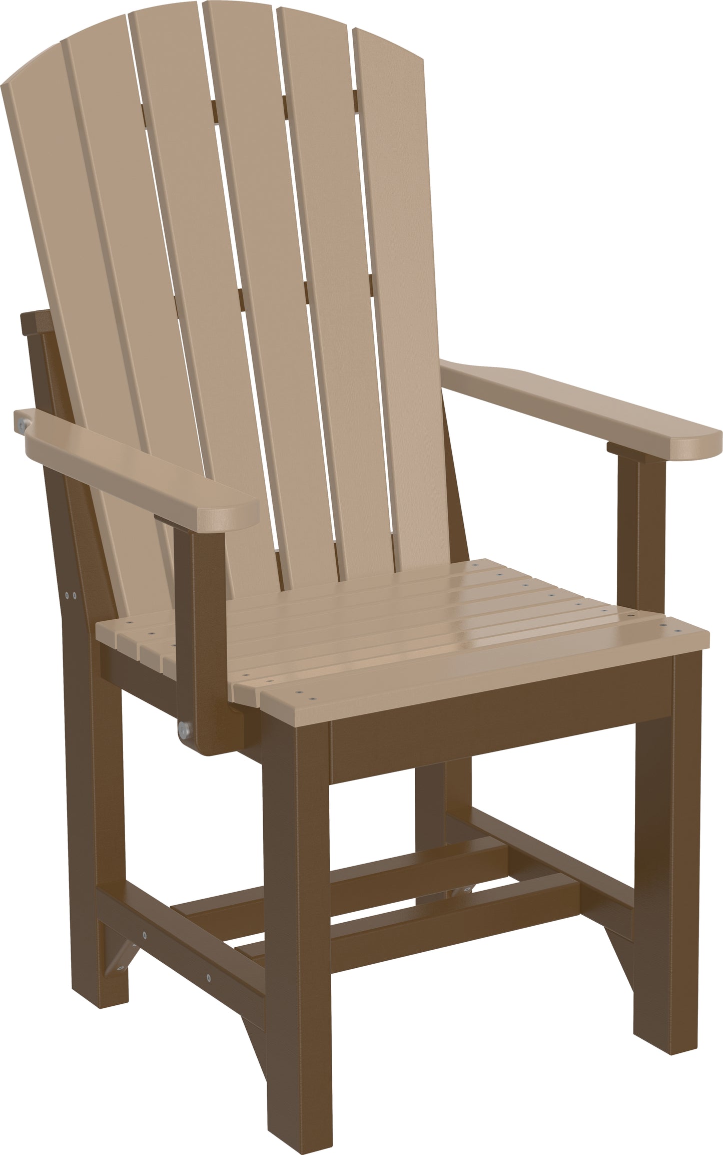 Rustic Weatherwood & Chestnut Brown Adirondack Dining Arm Chair, blending natural hues for a relaxed meal.