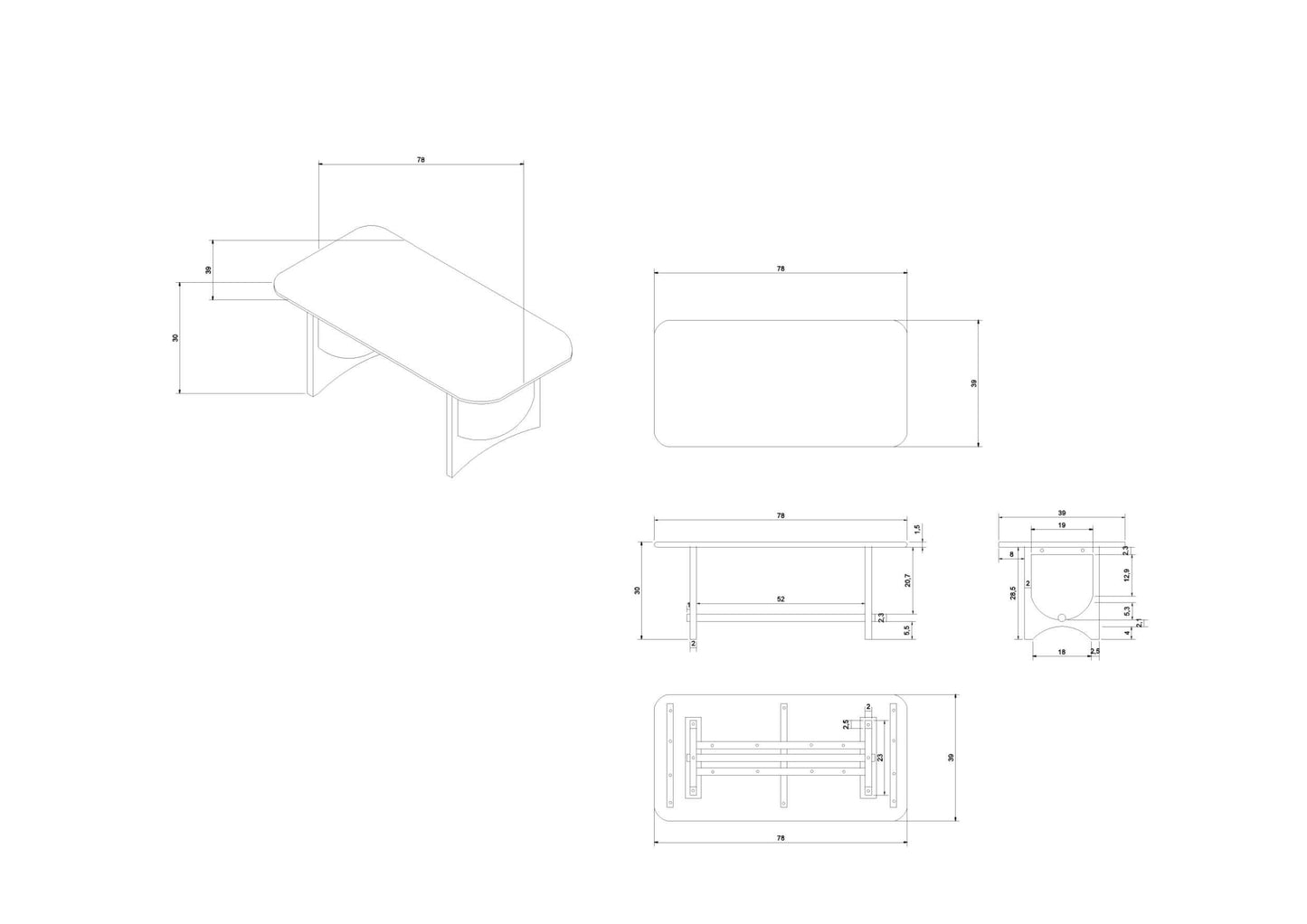 Technical drawing of the Arland Brown Scandinavian Dining Table by Surya.