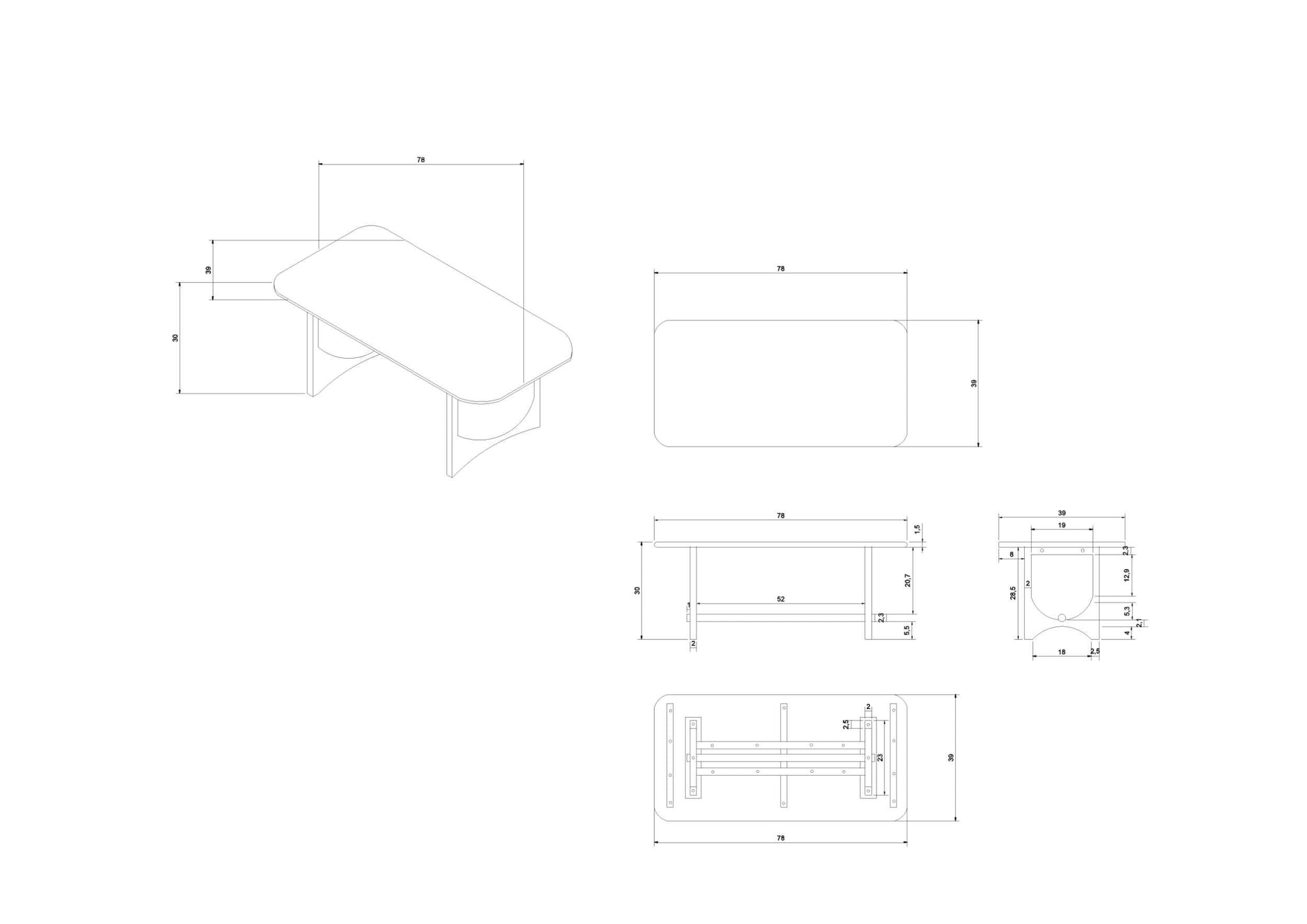 Technical drawing of the Arland Brown Scandinavian Dining Table by Surya.