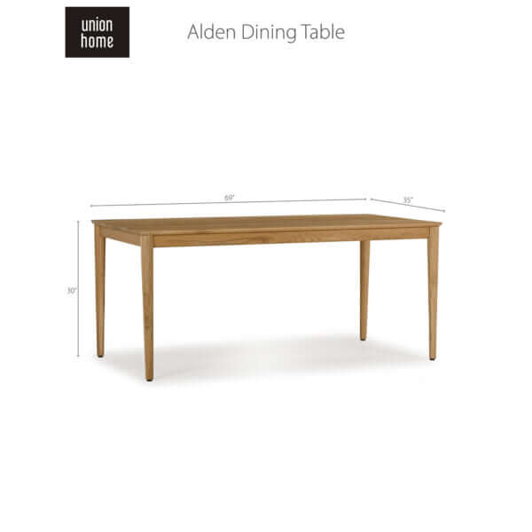 Alden Dining Table Natural by Union Home, rectangular wooden dining table with natural finish, 69 inches wide, 35 inches deep, 30 inches high.