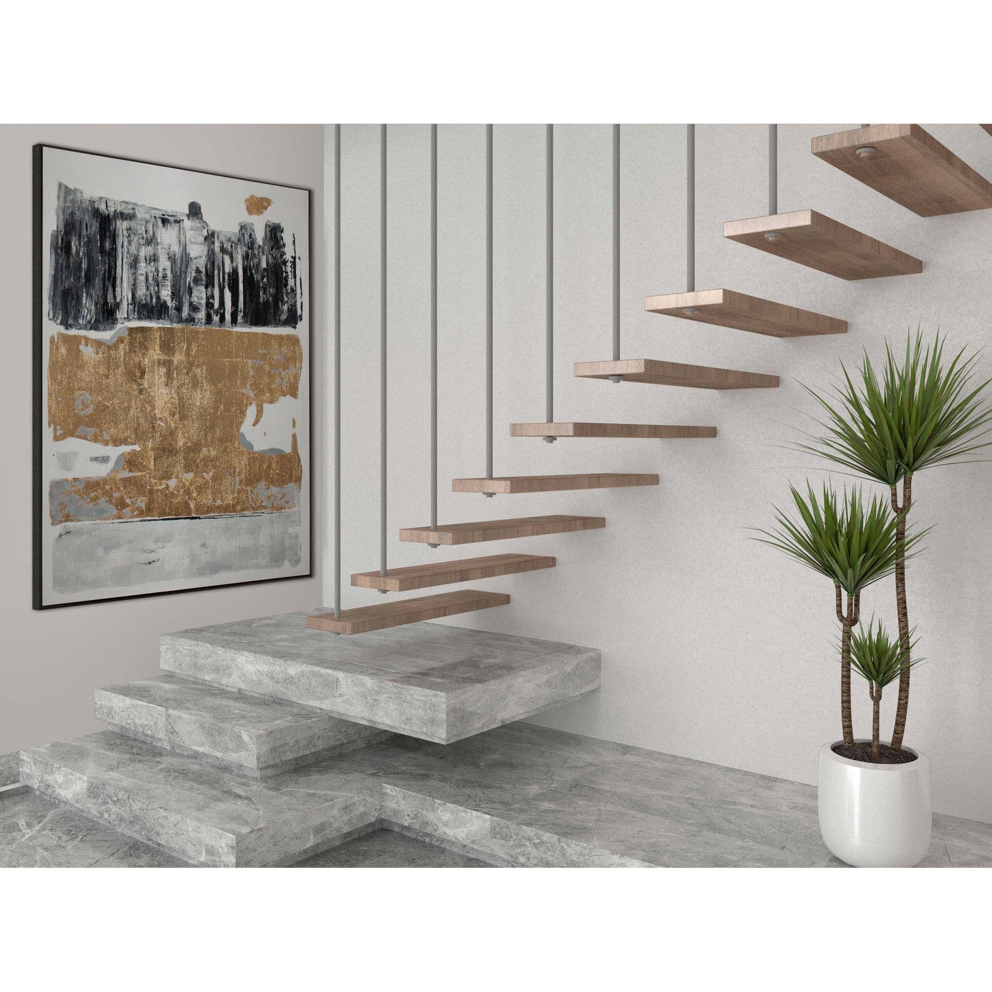 Abstract art hung near modern floating stairs in a contemporary interior.