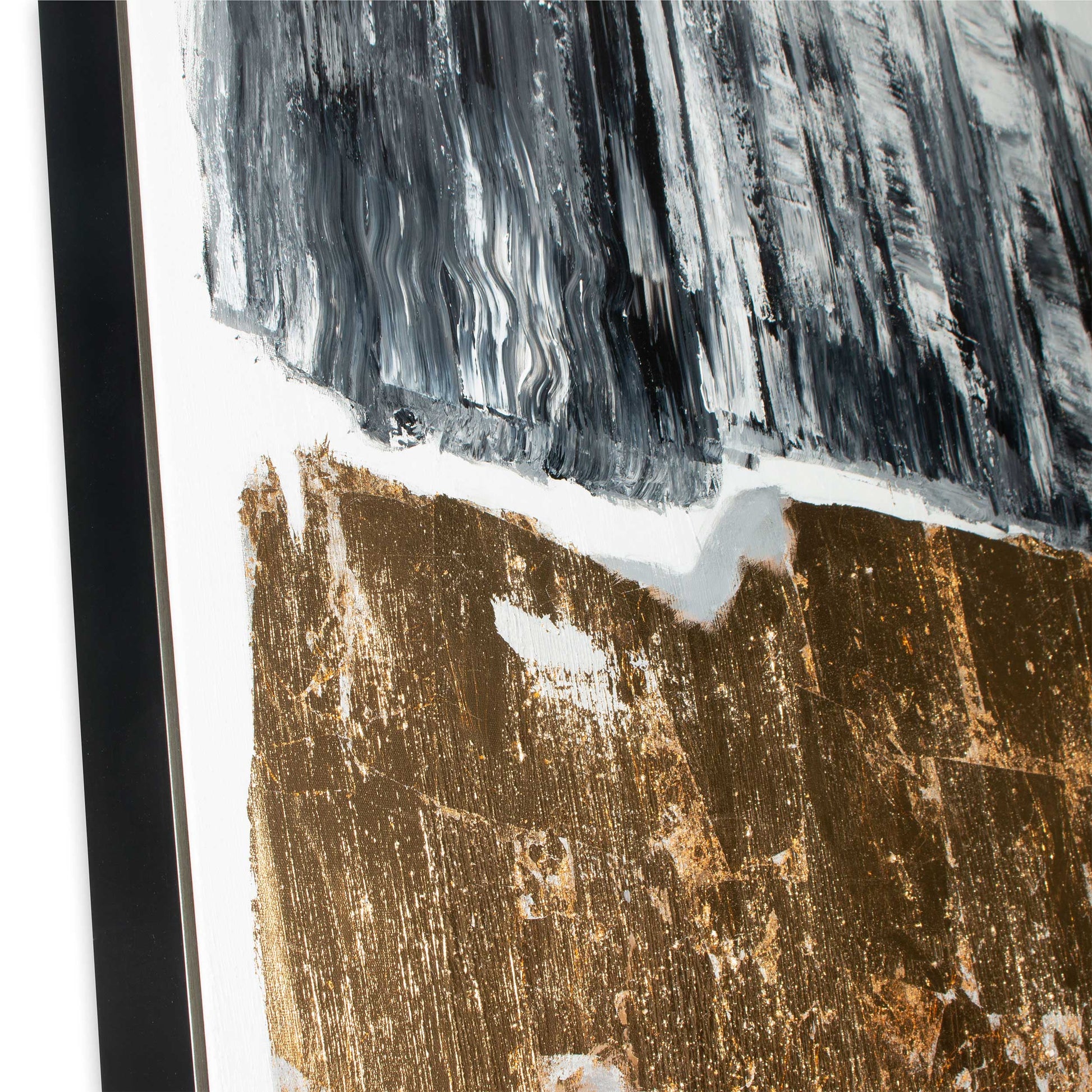 Close-up of gold leaf accents and hand-painted textures on abstract canvas.