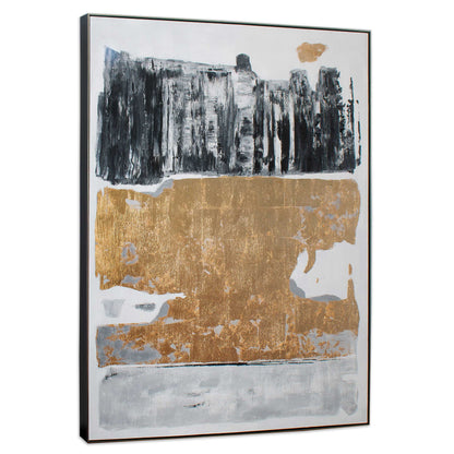 Abstract painting with black, gold, and gray blocks, gold leaf accents, and a black and silver frame.