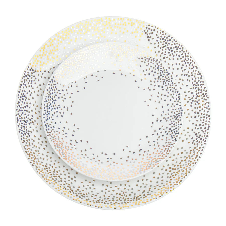 Close-up of Alora Glam porcelain dinner and salad plates with metallic confetti design.