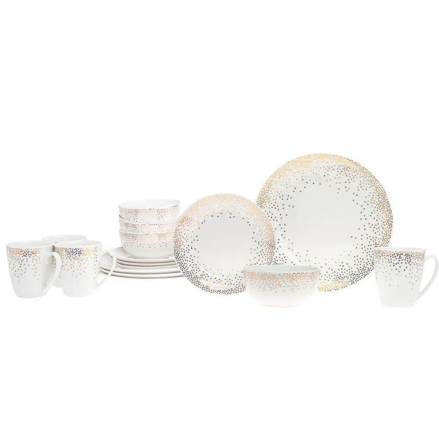 Set of Alora Glam dinnerware set including plates, bowls, and mugs with elegant dot pattern.