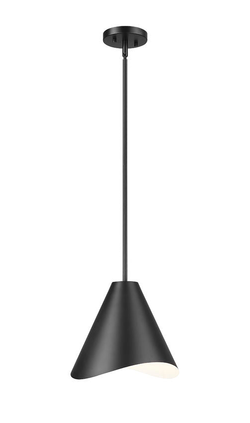 Matte black modern single light pendant with sculptural shade.