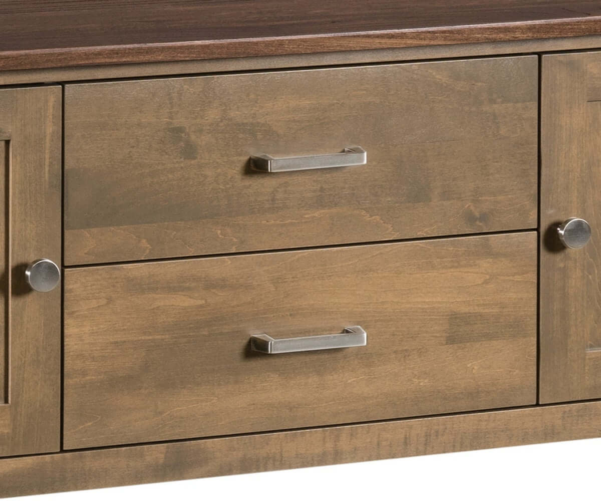 Close-up of Astoria Amish Server hardware detail with sleek metal handles and dovetailed drawer boxes.