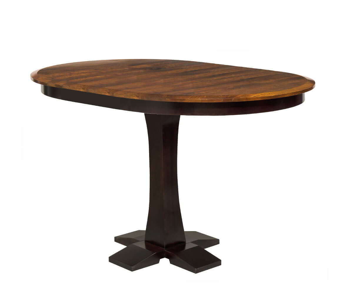 Christy Round Pedestal Dining Extension Table handcrafted from grey elm and brown maple with an 18-inch leaf.