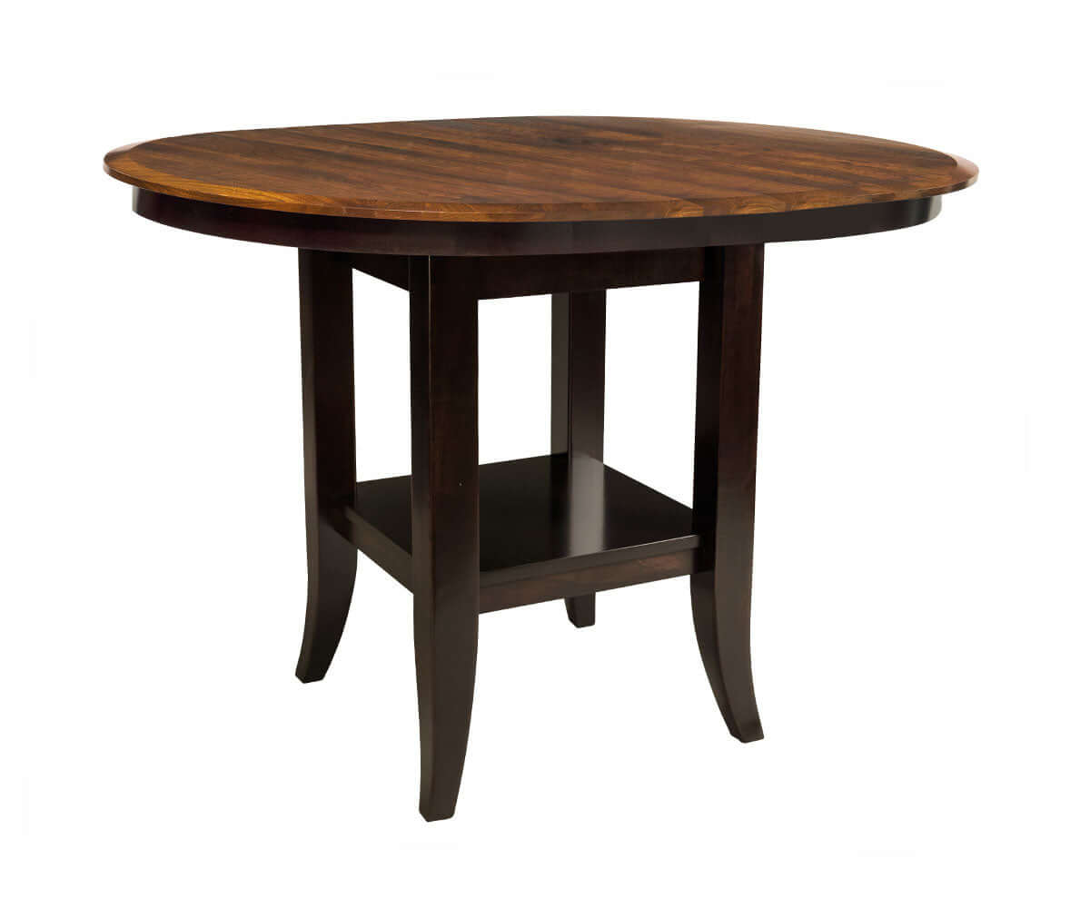 Christy Round Extension Dining Table handcrafted from grey elm and brown maple wood with 18-inch leaf.