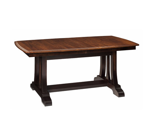 The Christy Trestle Extension Dining Table with a bow-shaped top in grey elm and brown maple, featuring an elegant trestle base.