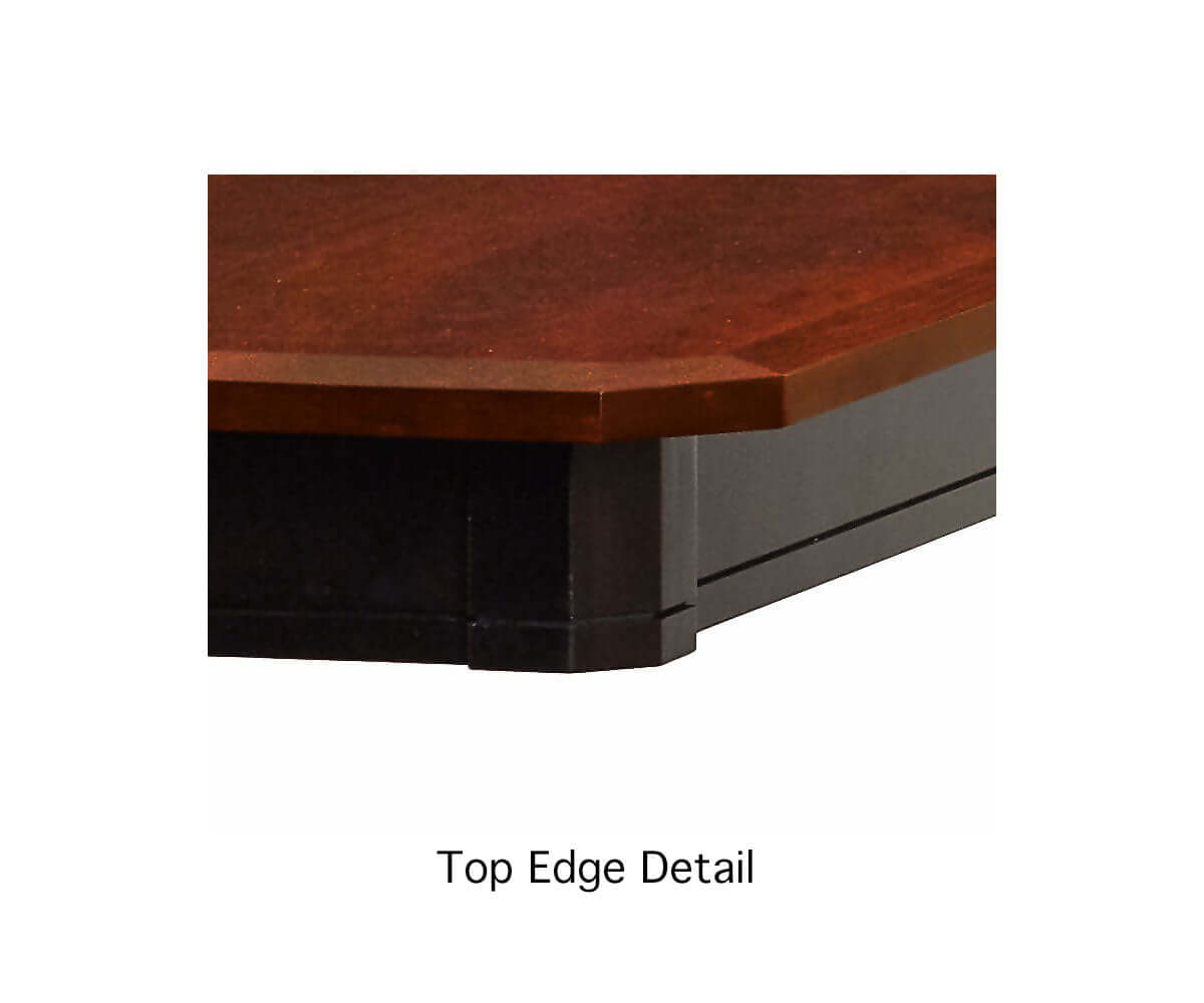 Close-up of the top edge detail of the Bristol Trestle Dining Table with Golden Brown finish.