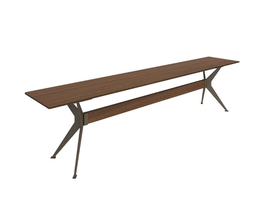 Jefferson Dining Bench showcasing walnut wood with natural oil stain and rubbed bronze base 