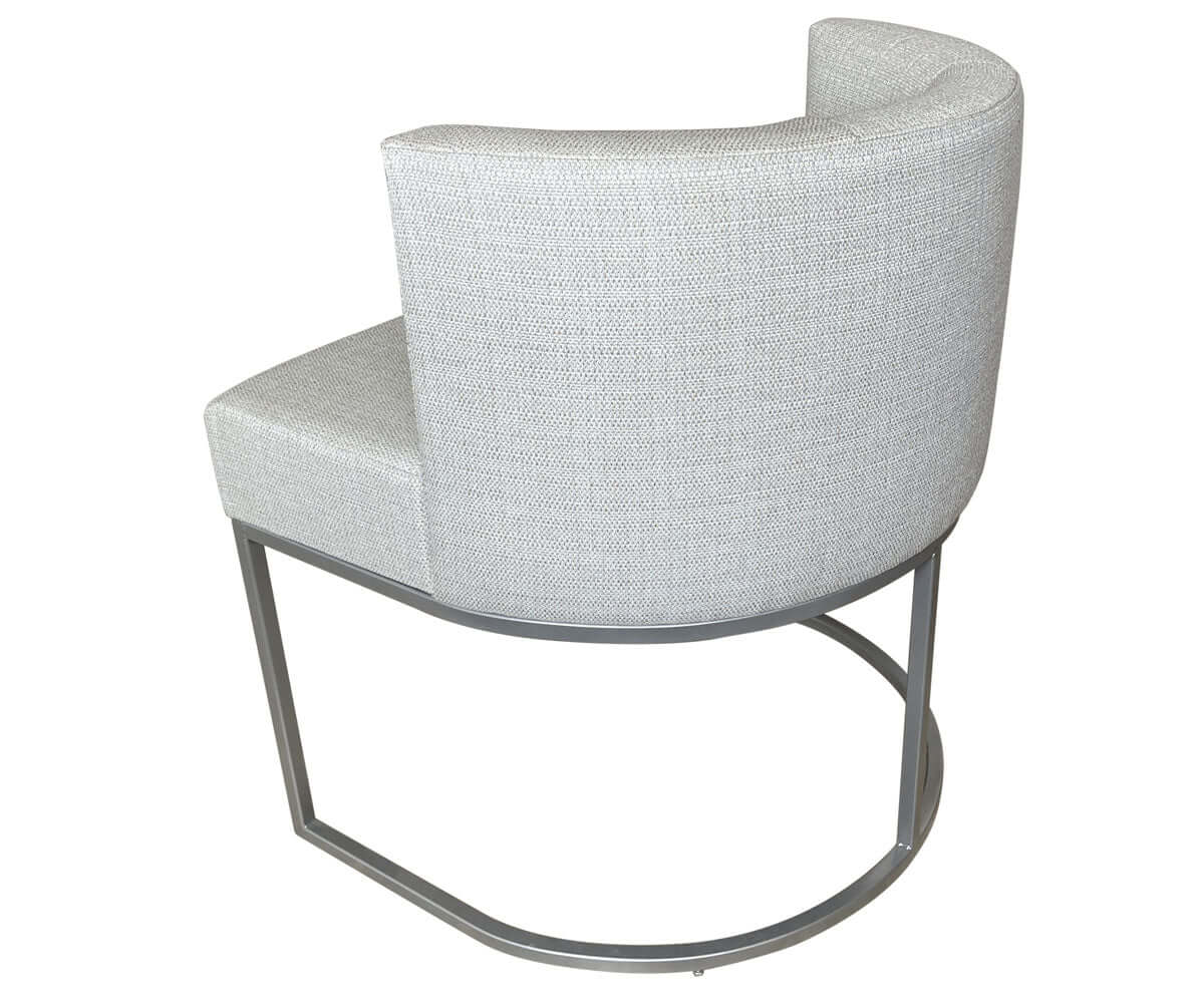 Back view of the Kenton contemporary upholstered dining chair with grey aluminum frame and curved back design.