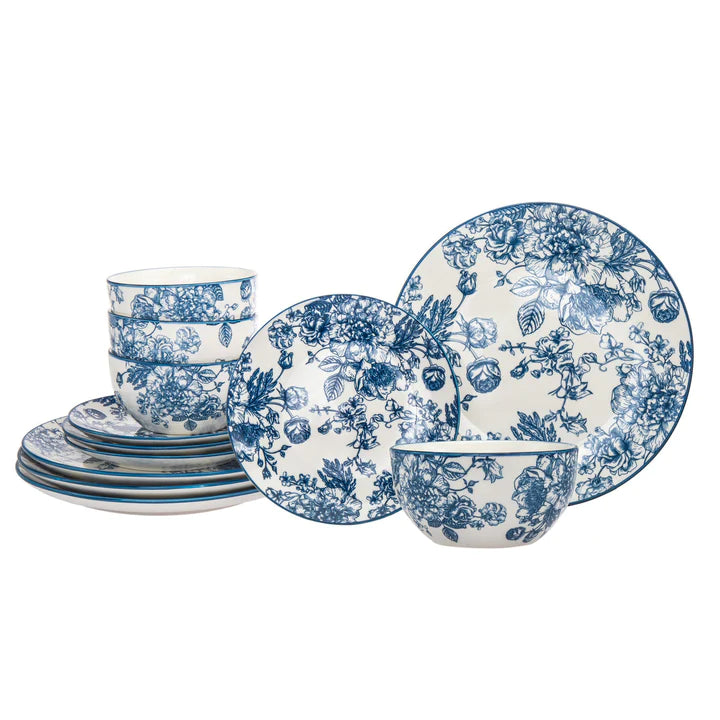 Banbury Blue Dinnerware Set with intricate floral patterns by Godinger.