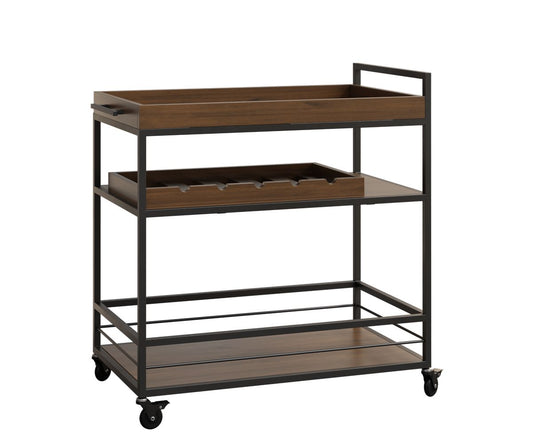 Full view of Fresno Wine Serving Cart showcasing removable tray and shelves.