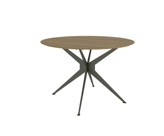 Jefferson Round Dining Table with Brown Maple top and Lunar Black metal base, showcasing mid-century modern design.